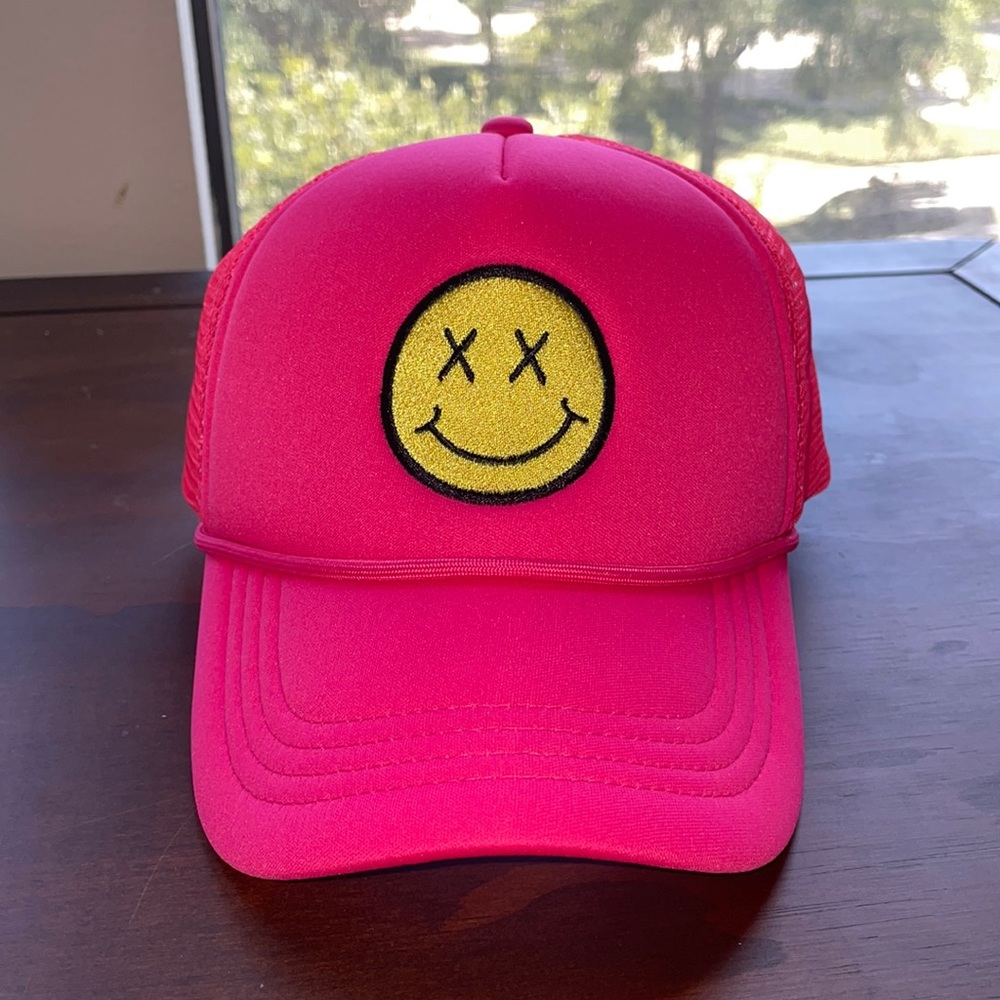Bright Pink Smiley Patch Trucker Cap